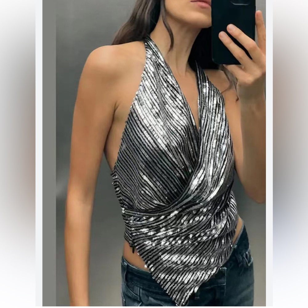 🪩ZARA Silver SEQUIN  Halter Top - Picture 3 of 8